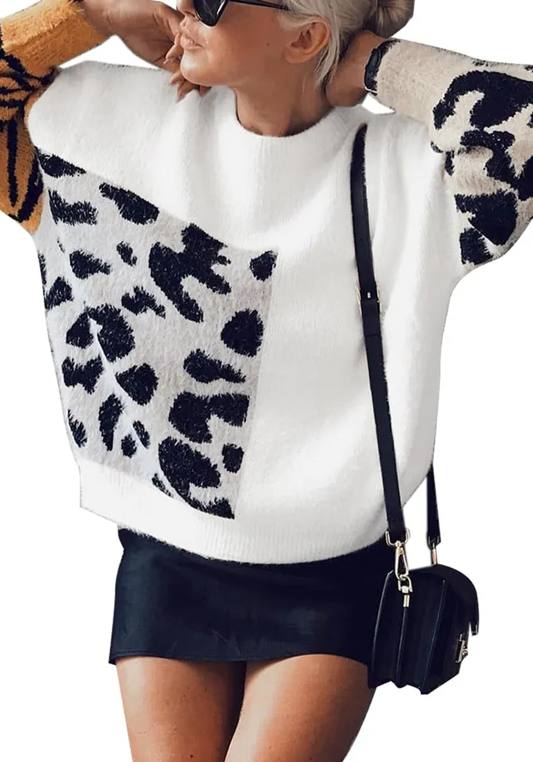 White Animal-Print Colorblock Batwing Sleeves Sweater