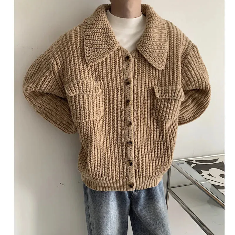 Wiaofellas -  Winter Thick Cardigan Sweater Men Warm Fashion Short Sweater Coat Men Korean Loose Lapel Sweater Cardigan Mens Jumper Clothes