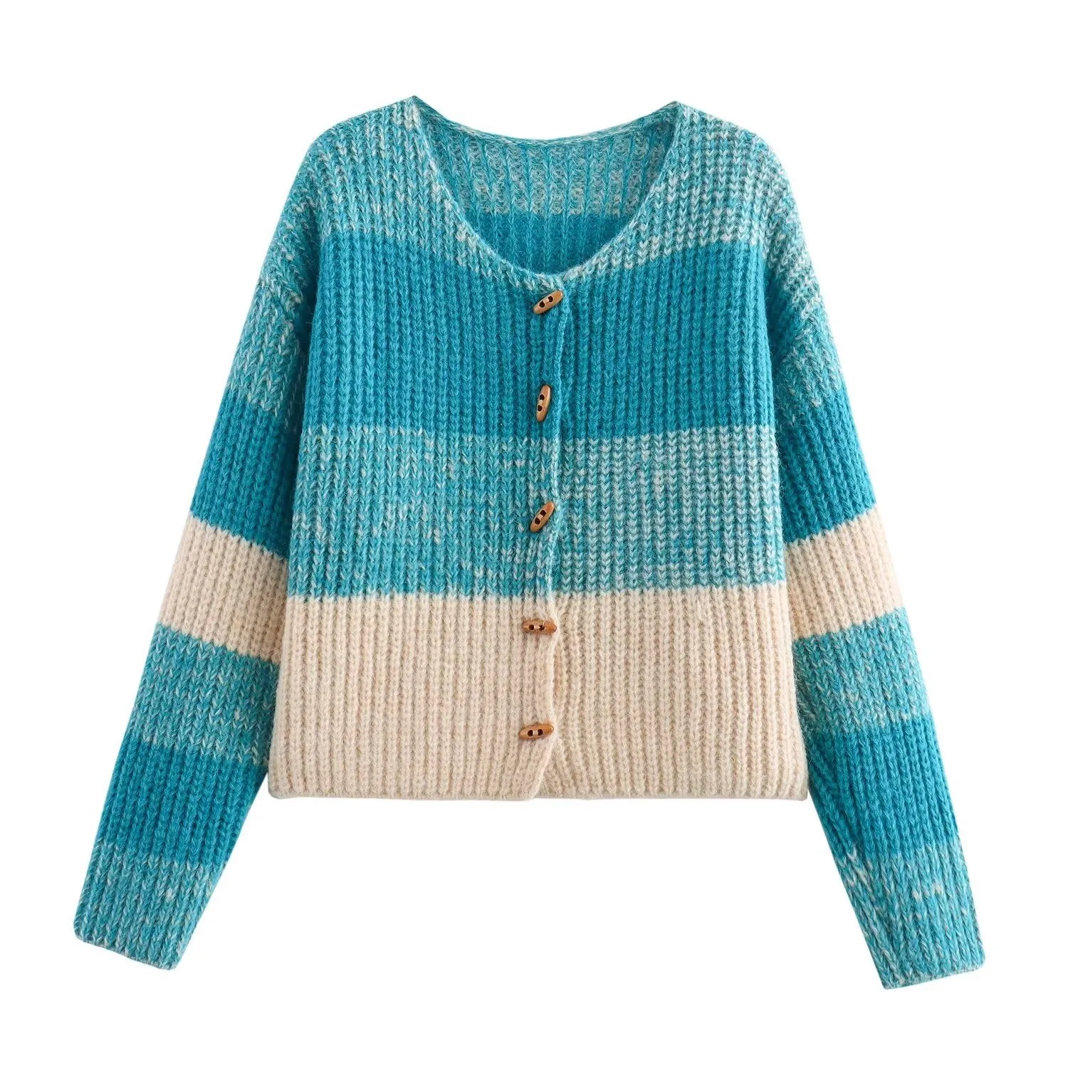 Women Clothing Thick Needle Color Changing Striped Knitted Cardigan Women Fall Sweater Coat Women