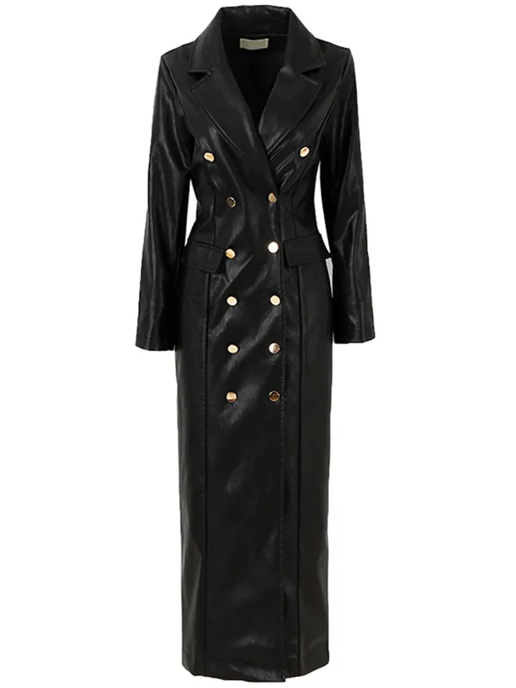 Women's Designer Faux Leather Extra Long Trench Coat