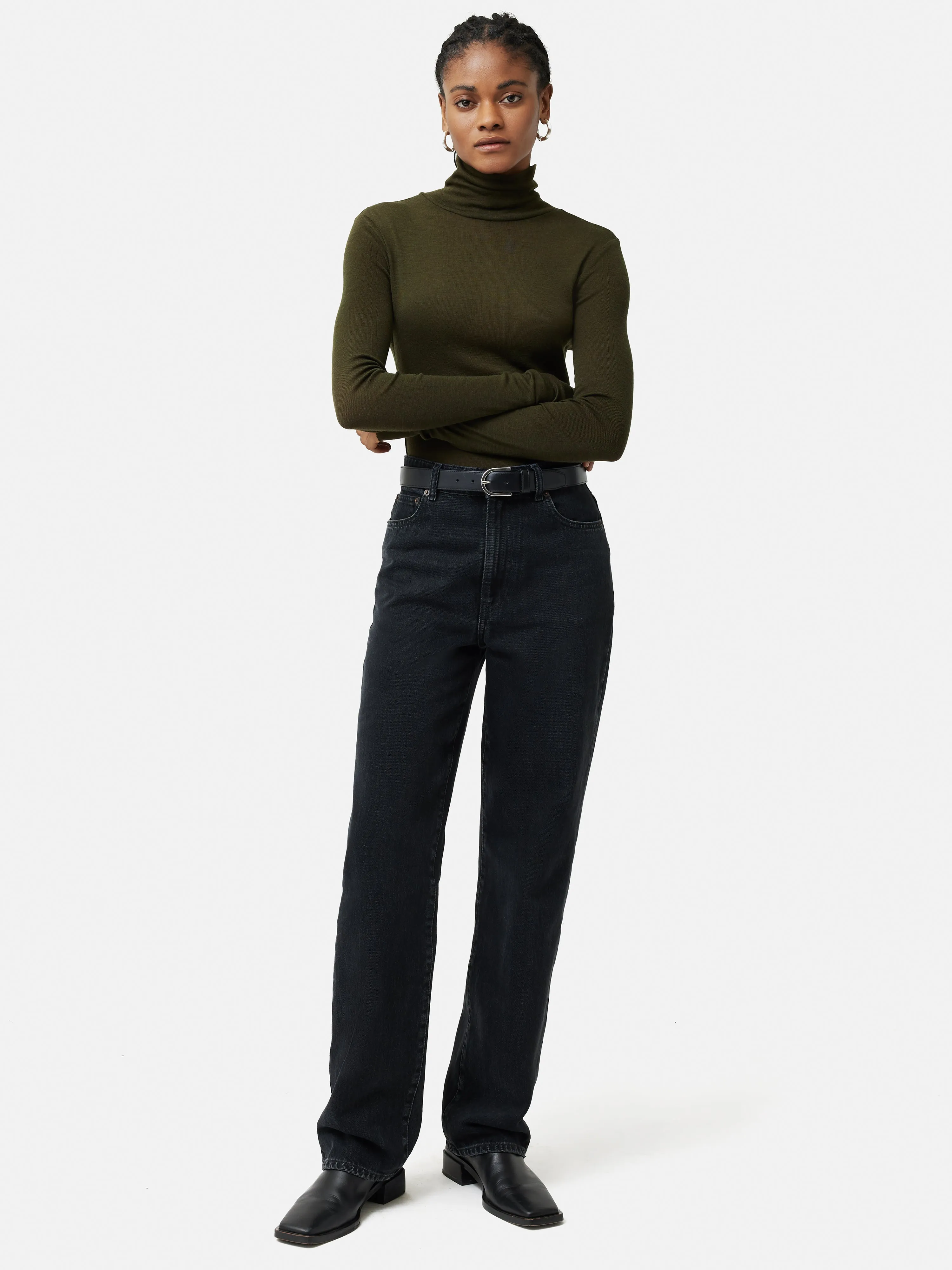 Wool Jersey Polo Neck Top | Khaki