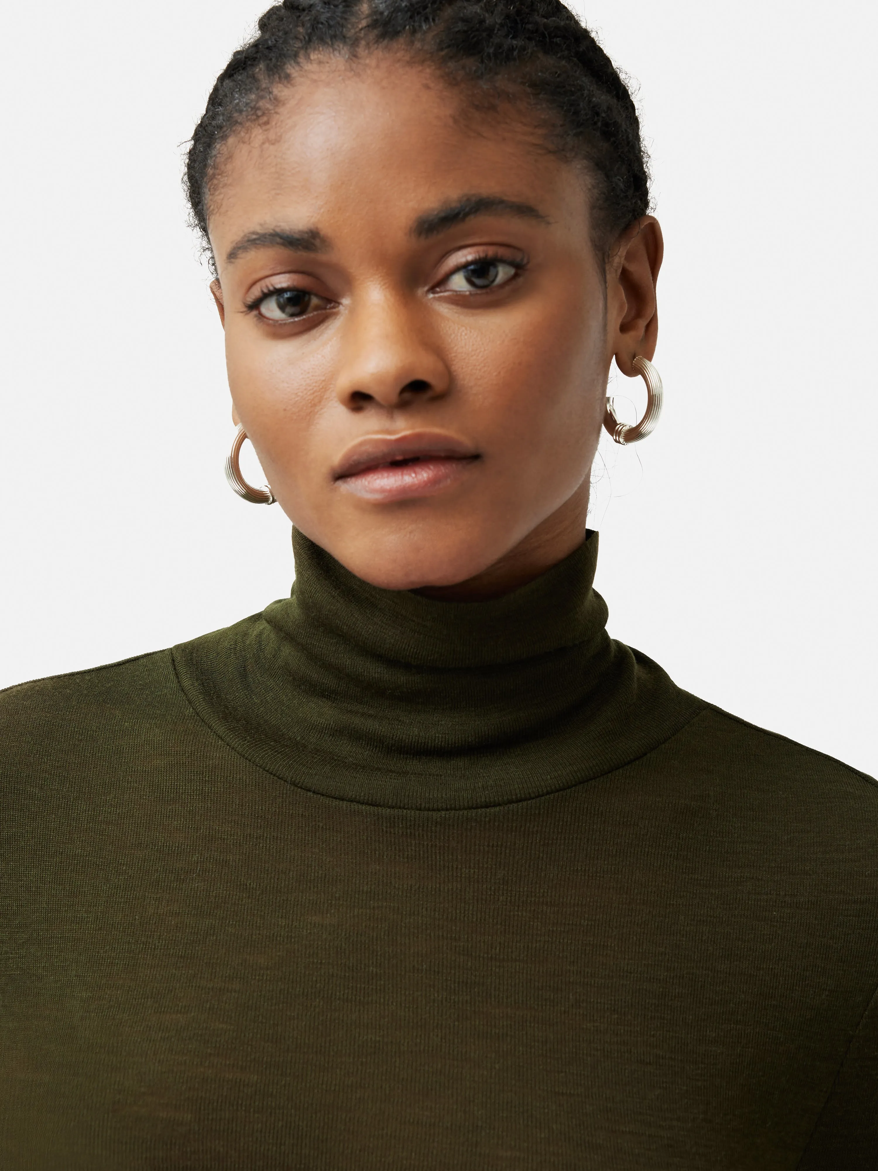 Wool Jersey Polo Neck Top | Khaki