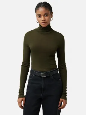 Wool Jersey Polo Neck Top | Khaki