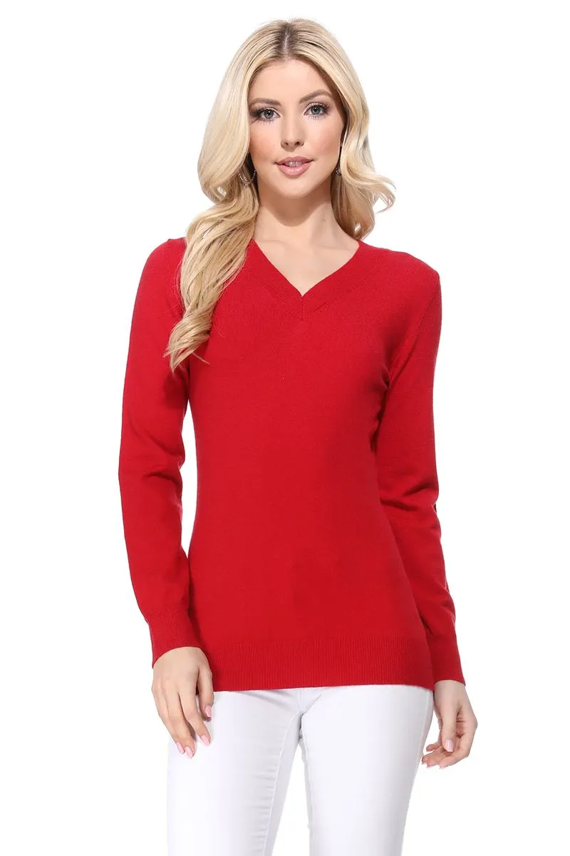 YEMAK Women's Long Sleeve V-Neck Basic Soft Knit T-Shirt Pullover Sweater MK5501 (S-XL)