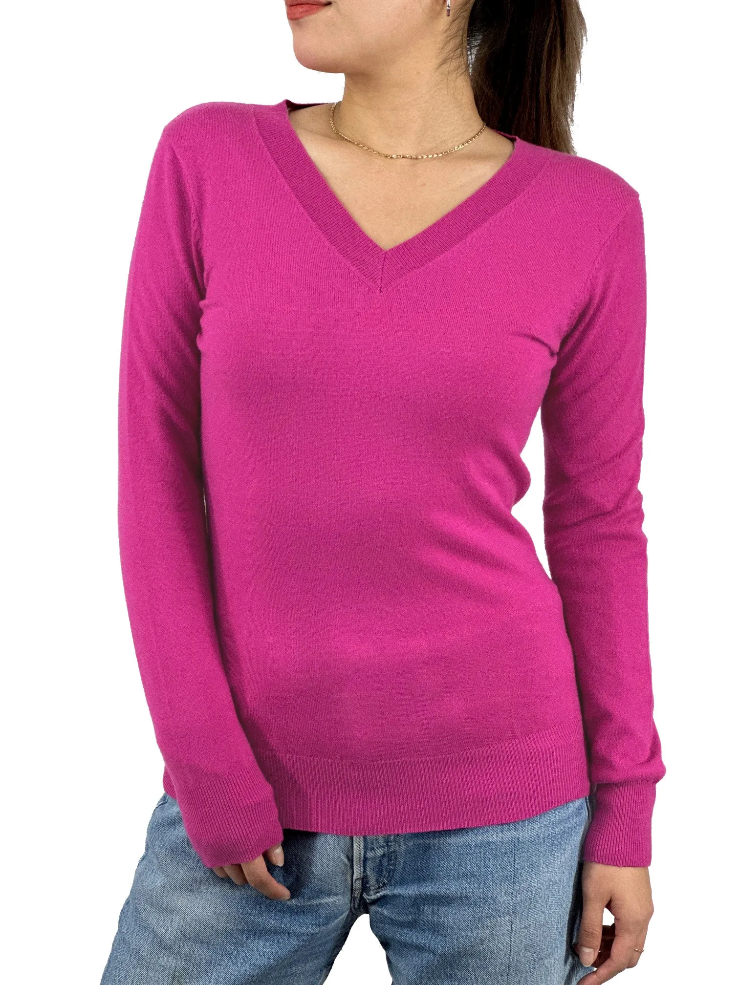 YEMAK Women's Long Sleeve V-Neck Basic Soft Knit T-Shirt Pullover Sweater MK5501 (S-XL)