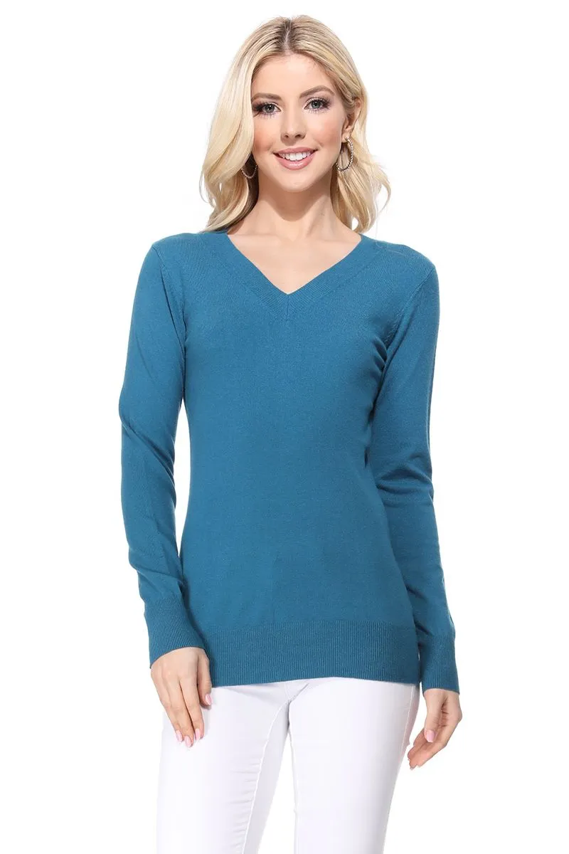 YEMAK Women's Long Sleeve V-Neck Basic Soft Knit T-Shirt Pullover Sweater MK5501 (S-XL)