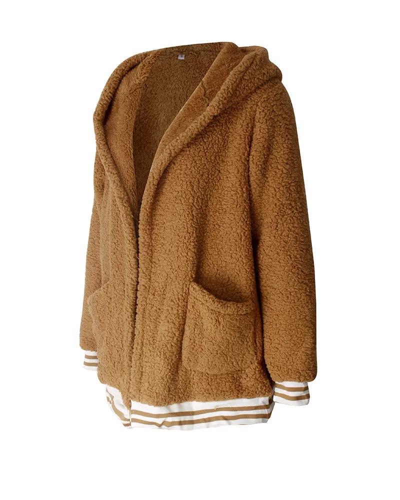 Zip Up Long Sherpa Jacket With Hood Fluffy Fleece in Kakhi