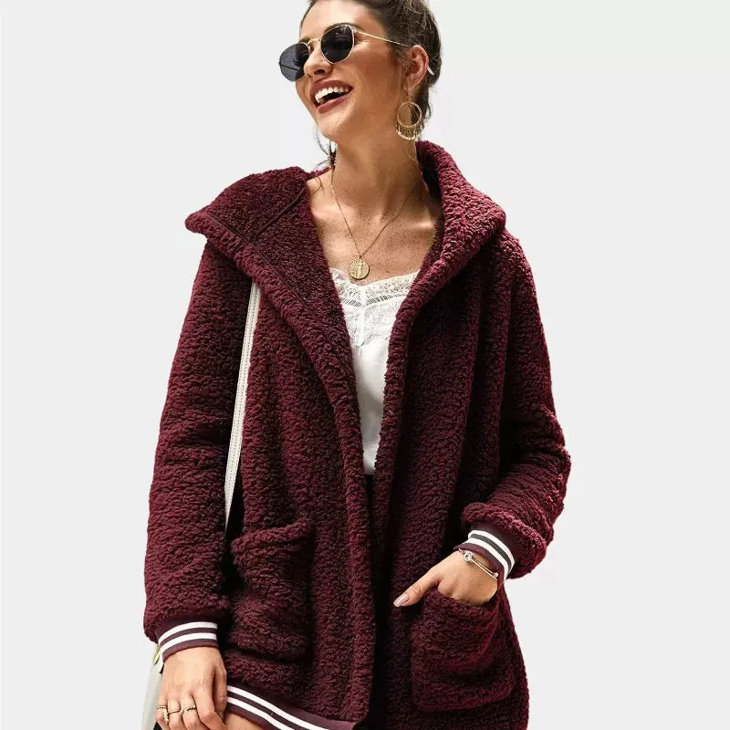 Zip Up Long Sherpa Jacket With Hood Fluffy Fleece in Wine Red