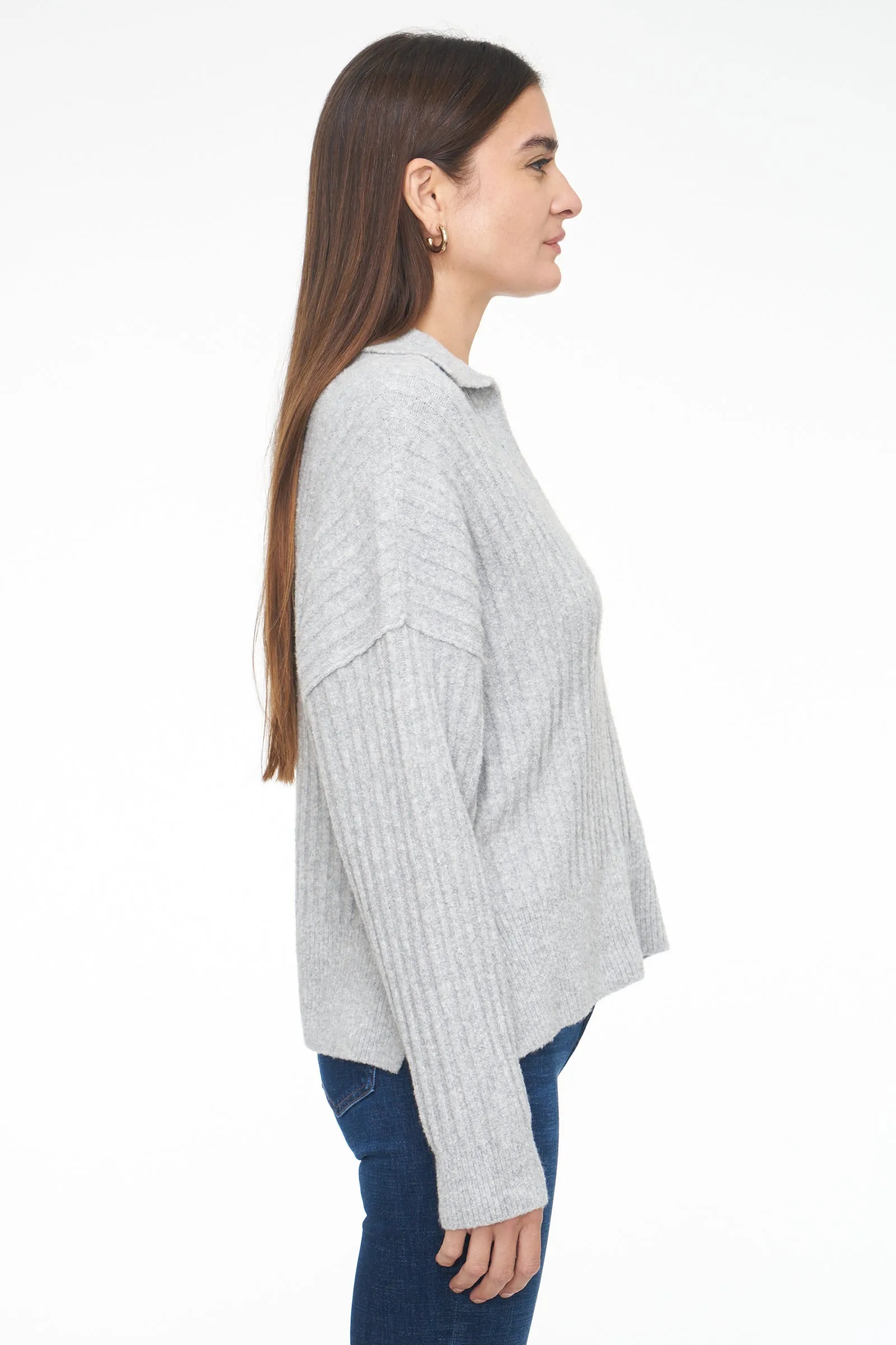 Zoe Relaxed Polo Sweater - Heather Grey