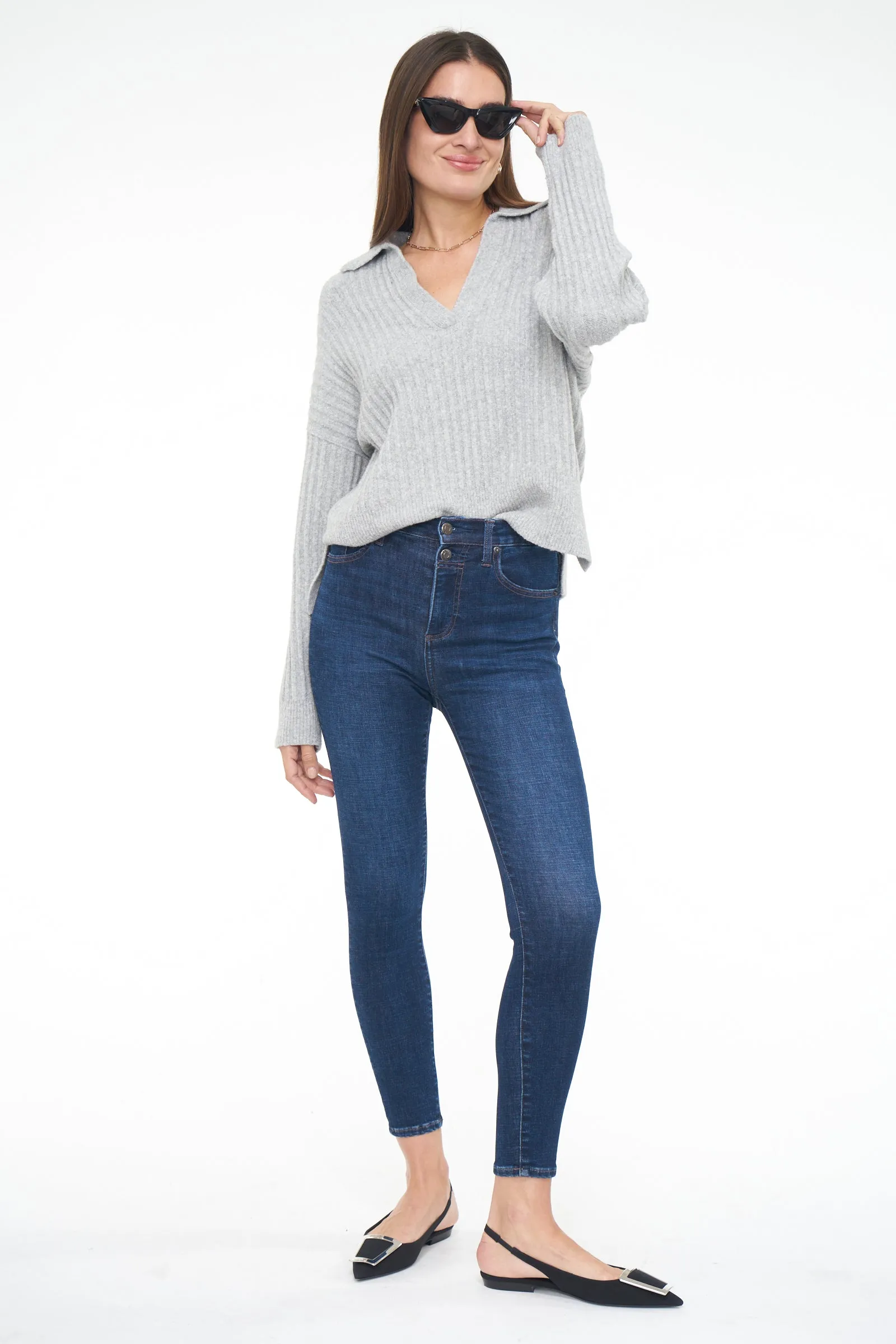 Zoe Relaxed Polo Sweater - Heather Grey